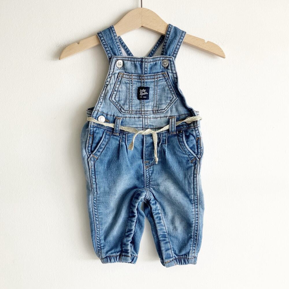 Osh Kosh Baby Bgosh Overalls Girls Sz 3M Pleated Gold Ribbon Tie Blue Jean Denim